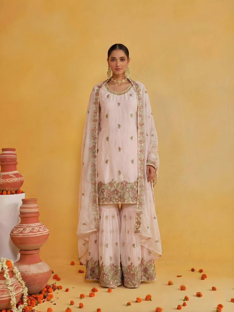 Blush Pink Embroidered Georgette Sharara Set with Dupatta