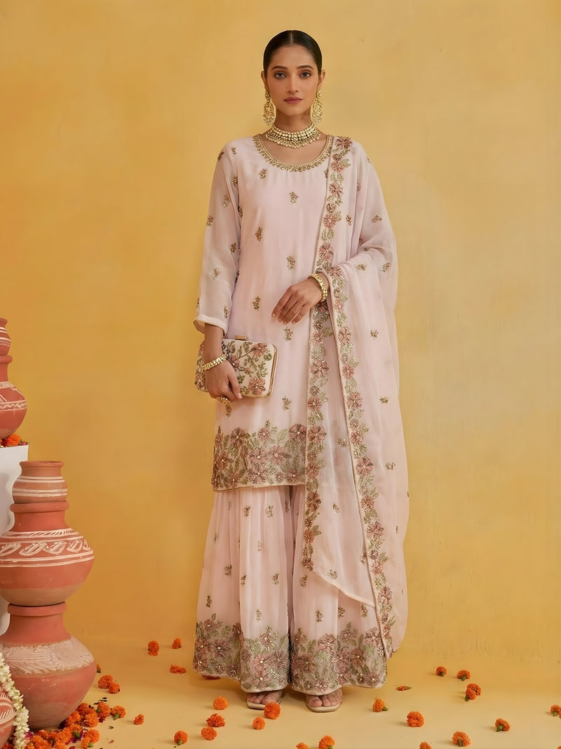 Blush Pink Embroidered Georgette Sharara Set with Dupatta