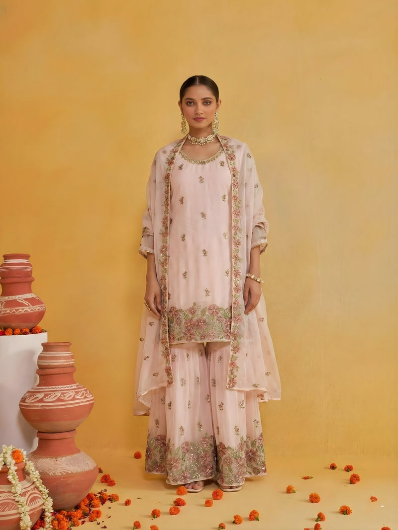 Blush Pink Embroidered Georgette Sharara Set with Dupatta