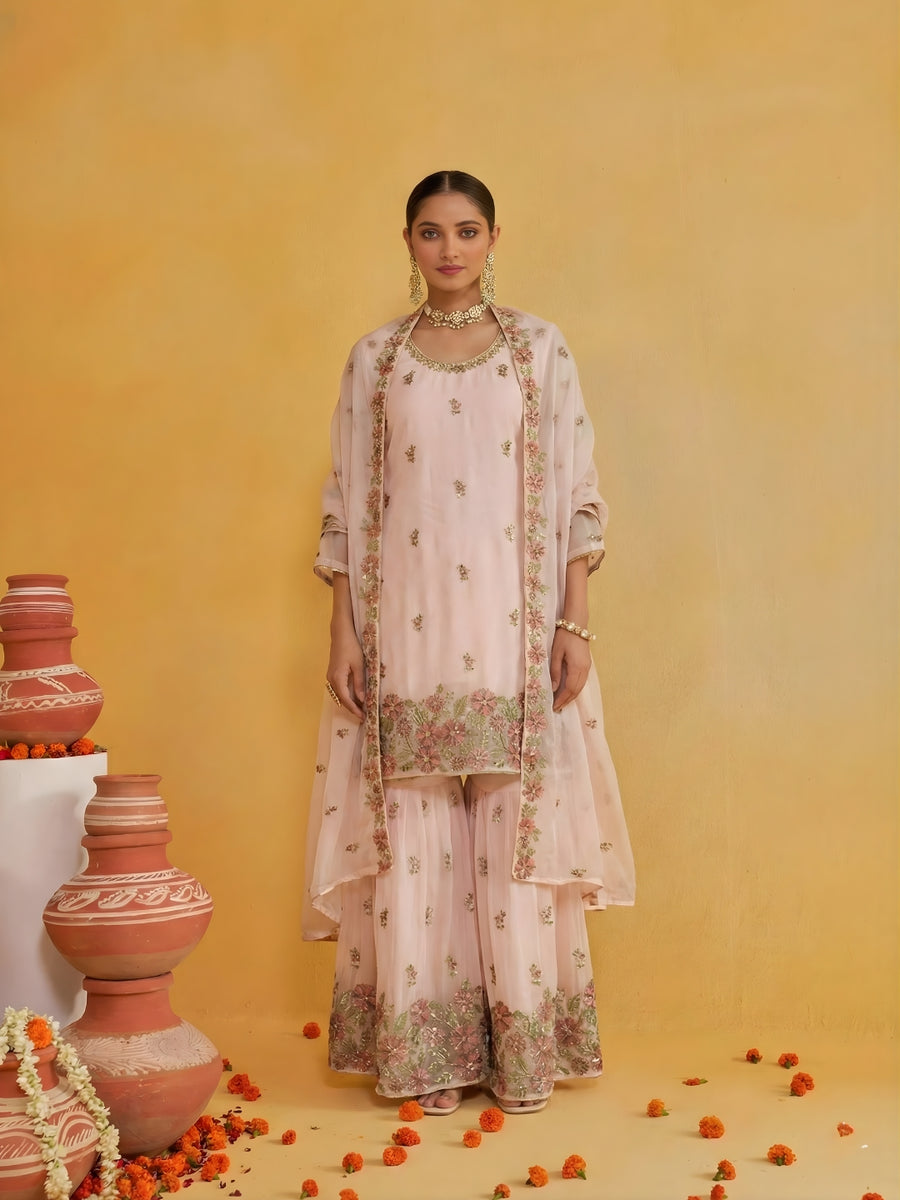 Blush Pink Embroidered Georgette Sharara Set with Dupatta