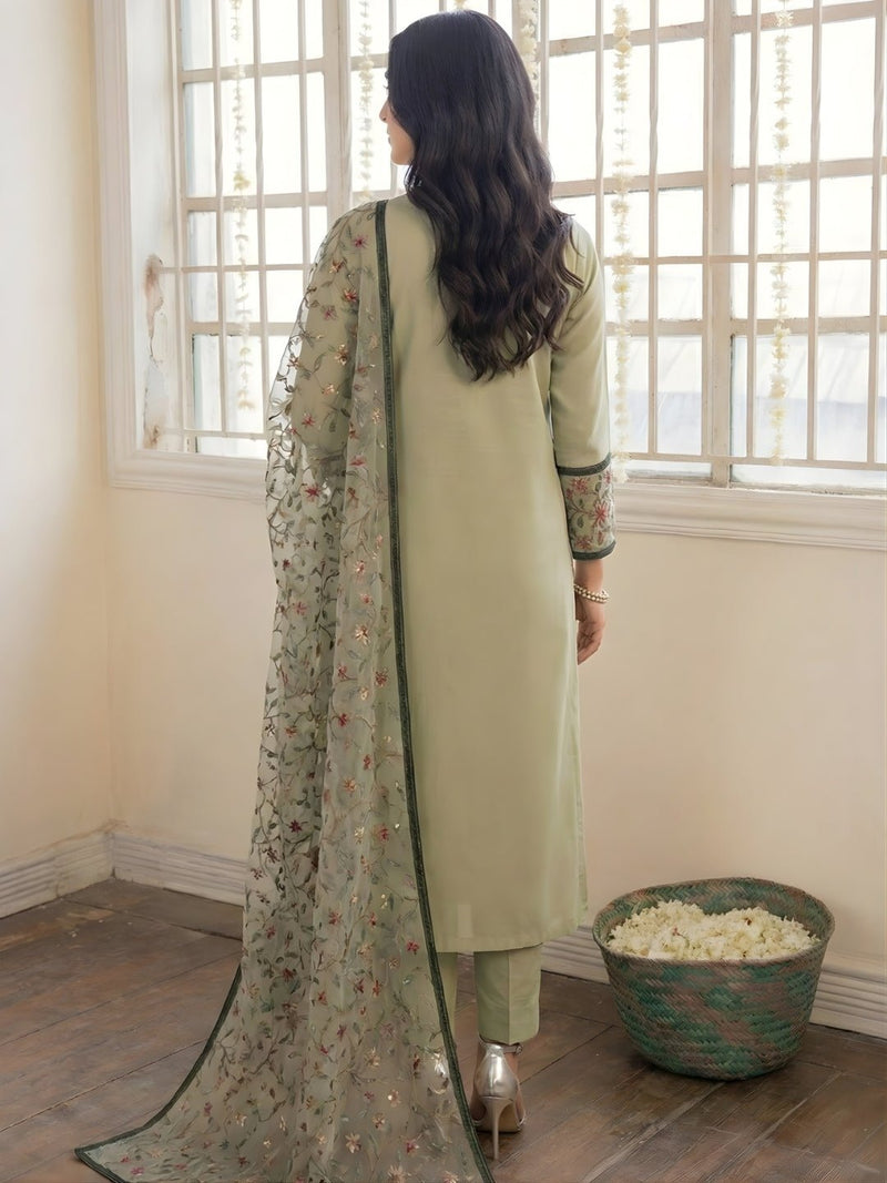 Sage Green Floral Embroidered Pant Style Kurta Set with Heavy Dupatta - Alizeh Official