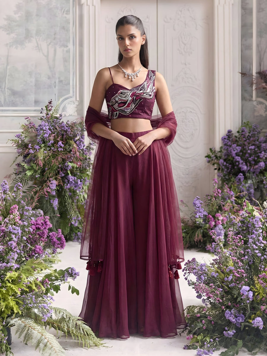 Sienna Wine Handcrafted Khatli Sharara Set - Alizeh Official