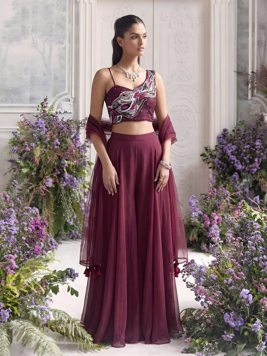 Sienna Wine Handcrafted Khatli Sharara Set - Alizeh Official