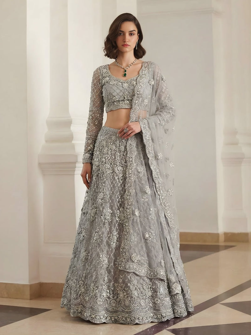 Silver Aster Embroidered Lehenga Set - Alizeh Official