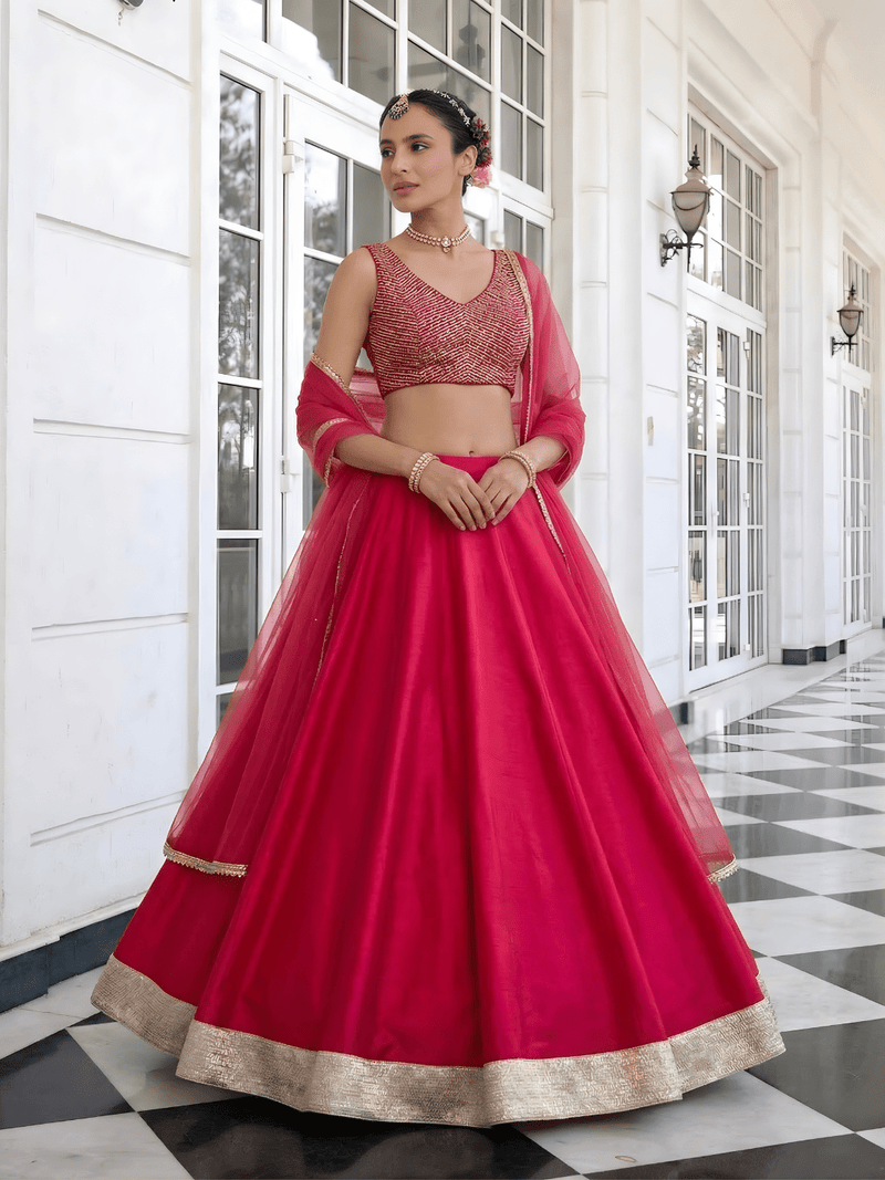 Solara Crimson Vichitra Silk Lehenga Set - Alizeh Official