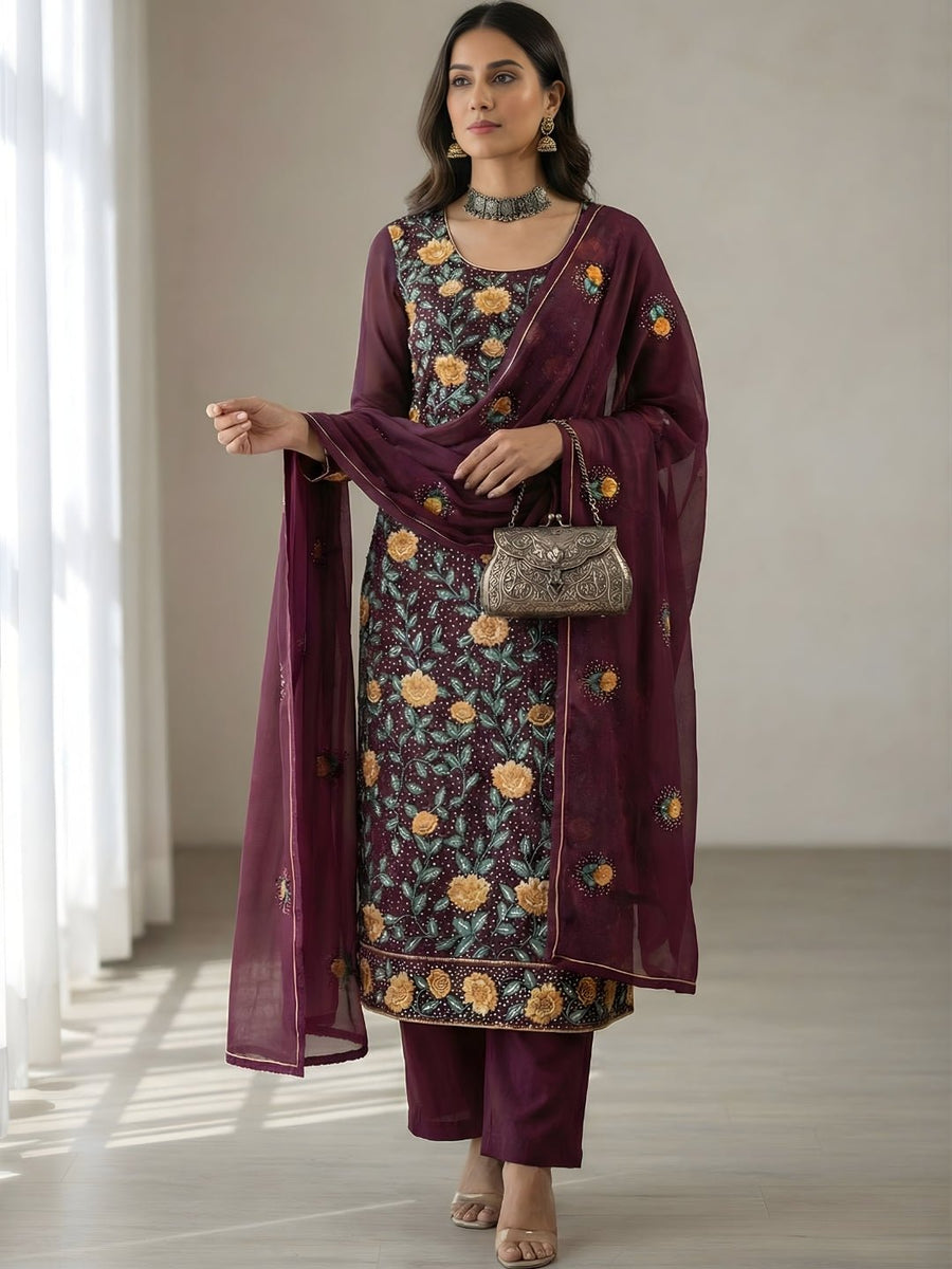 Wine Bloom Embroidered Kurta Set - Alizeh Official