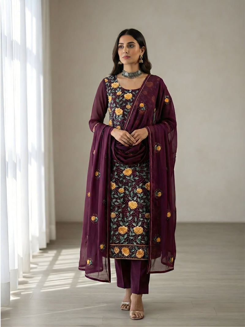 Wine Bloom Embroidered Kurta Set - Alizeh Official