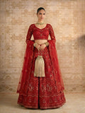 model wearing red bridal lehenga wedding look,  bride style red lehenga full outfit look, 
bridal lehenga with dupatta drape styling