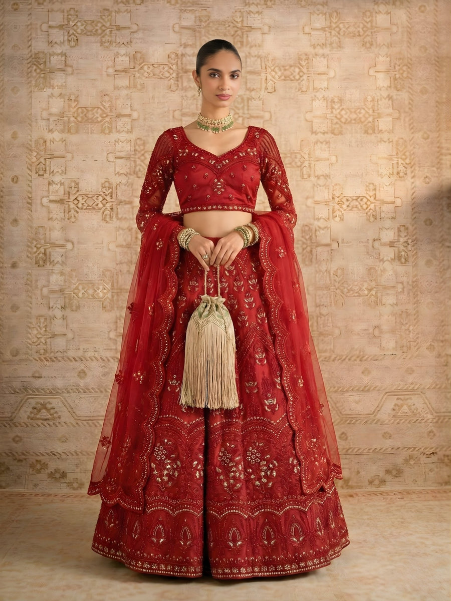 model wearing red bridal lehenga wedding look,  bride style red lehenga full outfit look, 
bridal lehenga with dupatta drape styling