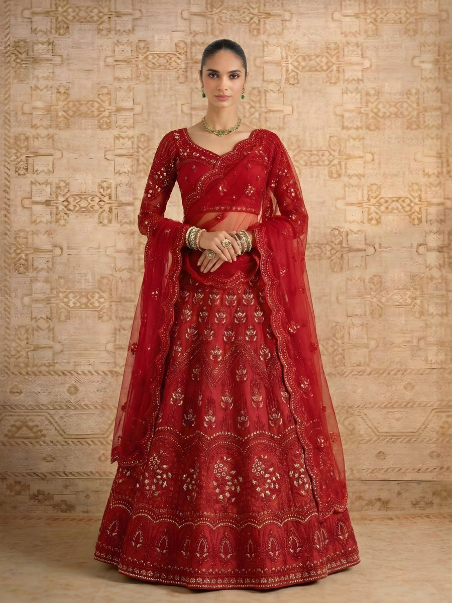 lehenga zari embroidery stone work close up,
bridal lehenga thread embroidery detail,
net lehenga embroidery texture close view
